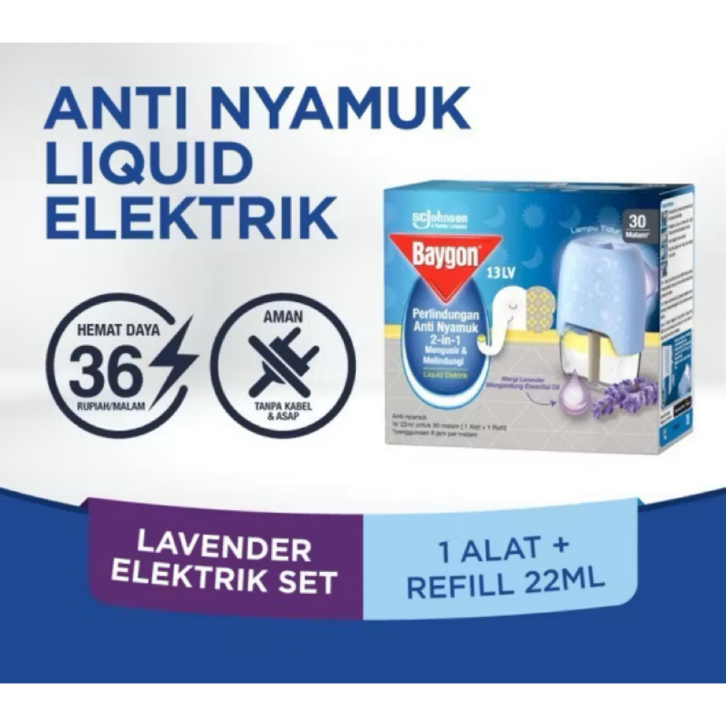 Baygon Anti Nyamuk Elektrik Lavender Set (1 Alat + Refill 22ml) – Perlindungan Nyaman Tanpa Asap, He