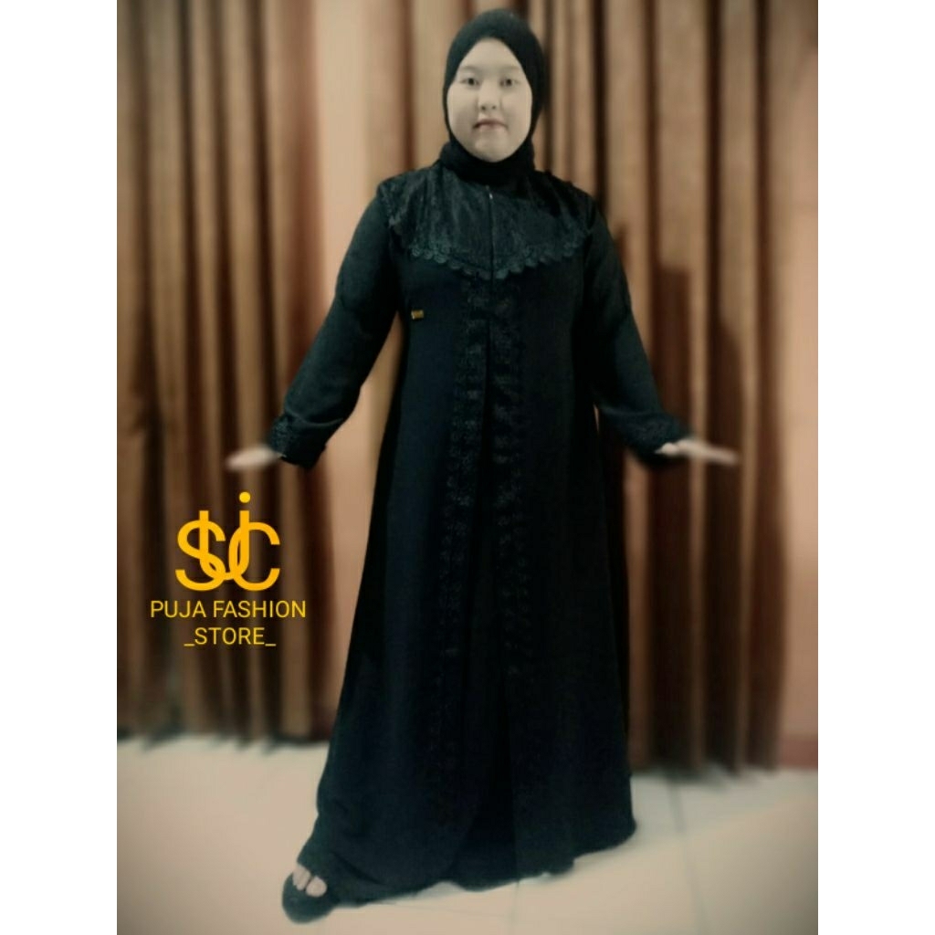 Dress gamis abaya ceruti hitam&putih bw mix barukat motif renda