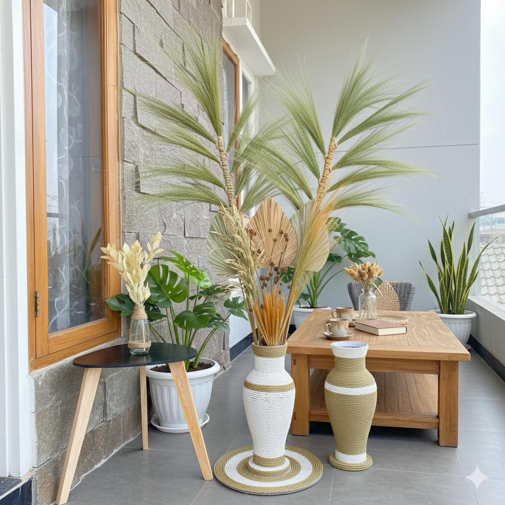 Paket Bunga Kering dan Pot Jumbo/ Daun Palem Kering/ Pampas/ Rayung/ Bunga Kering/ Dekorasi Rumah/ D