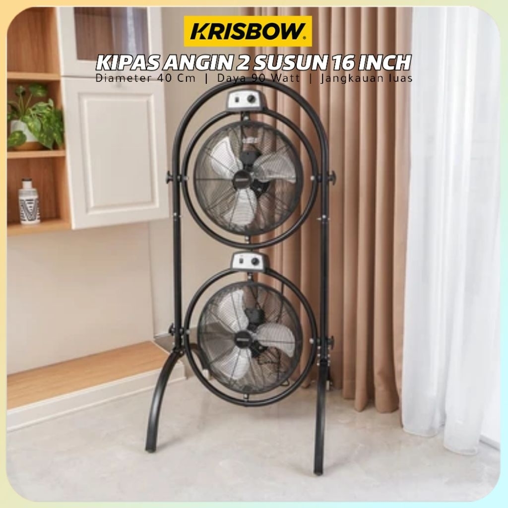 Krisbow Kipas Angin 2 Susun Ganda Lantai Industrial 16 Inch 90 Watt Kipas Angin Double Fan Industri