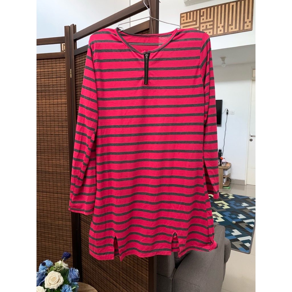 Preloved Atasan Garis Pink Lengan Panjang Zipper Depan – Casual Wanita / Tunic Stripe