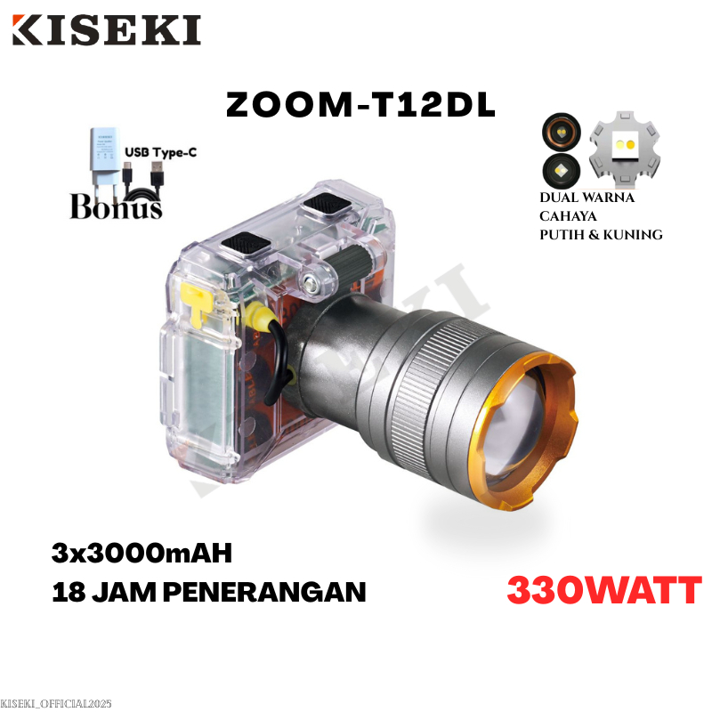 Kiseki Senter Kepala Zoom Body Transparan CK-ZOOM T12DL/CK-ZOOM T13DL Senter Kepala Super Terang 2Ca