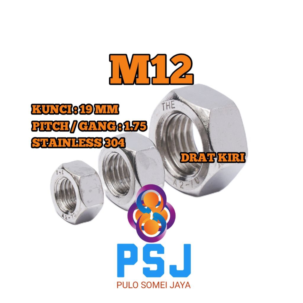 Mur Drat Kiri M12 x 1.75 Kunci 19 Stainless 304 / Hex Nut Stainless 304