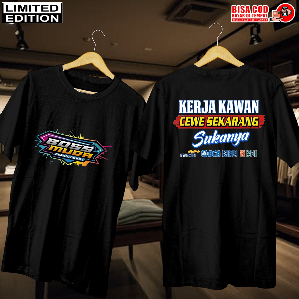 KAOS DISTRO HITAM JEPANG | BAJU KAOS PRIA WANITA | KAOS JEPANG BOS MUDA BERANI BOROS MANDIRI BCA BRI
