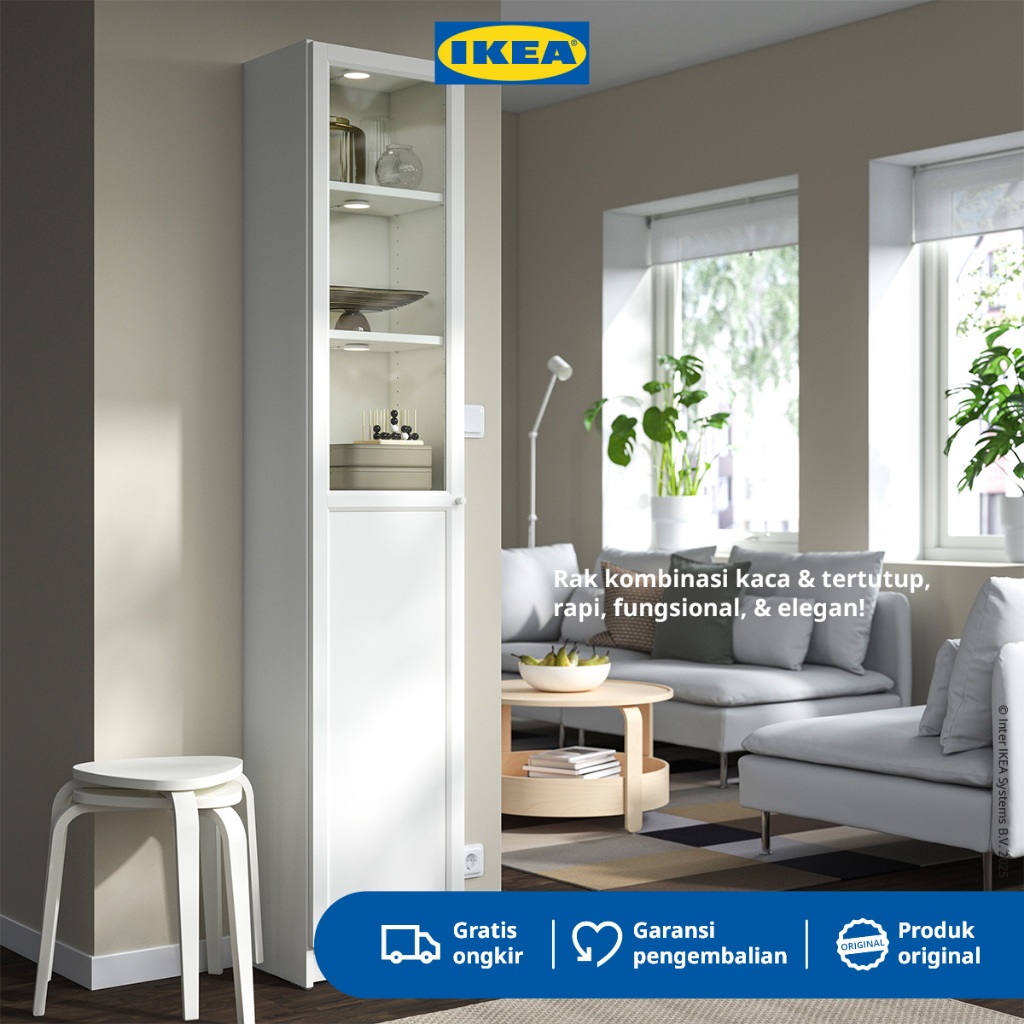 IKEA BILLY/OXBERG Lemari Buku dengan Pintu Kaca Serbaguna Putih 40x30x202cm