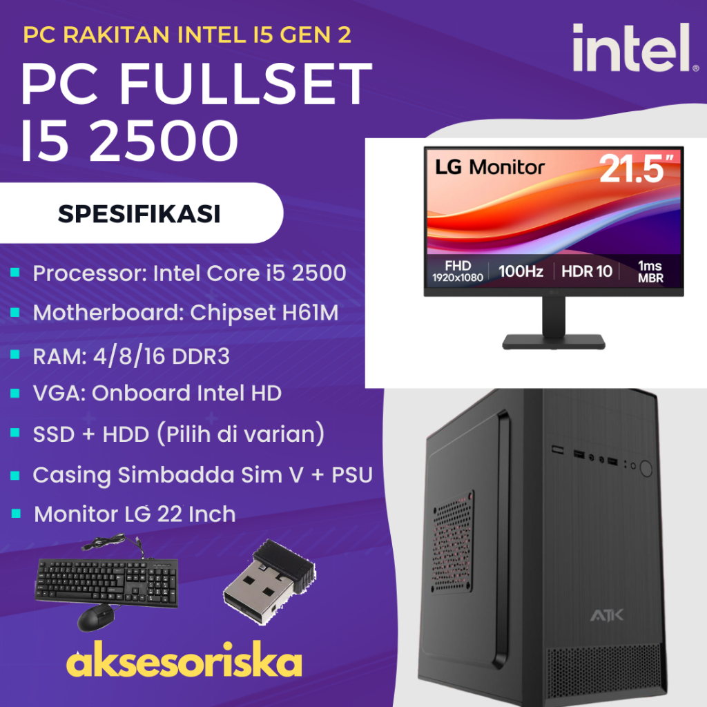 PAKET LENGKAP PC RAKITAN KOMPUTER CPU KANTOR Intel Core i5 MONITOR LED LG 22 Inch FULLSET Intel Core