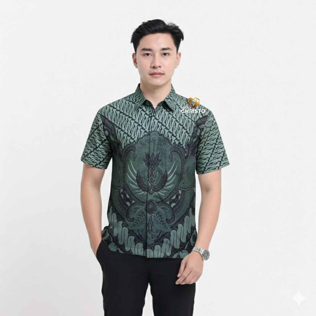 Kemeja Batik Pria Baju Lengan Pendek Slimfit Lapis Furing Batik Christo PD1208 Bahan Katun Premium E