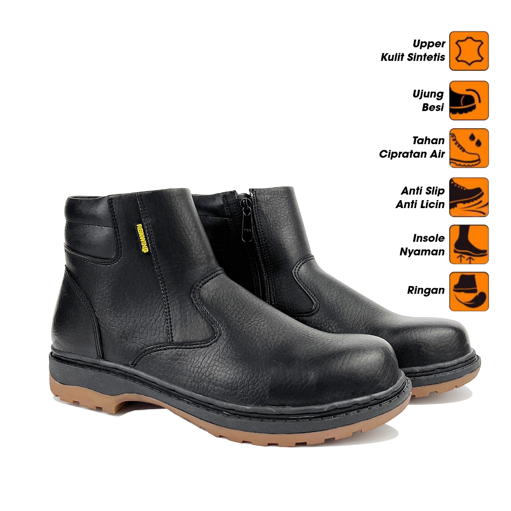 TERLARIS Rexwing - Sepatu Safety Boots Ujung Besi Medium Shoes Pria Hitam Kerja Lapangan Original