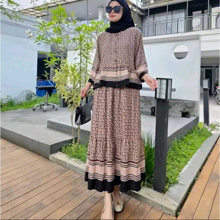 Maudy Set Rok 2in1 Friendly Terbaru Kekinian Bahan Rayon Setelan Rok Baju Muslimah Wanita