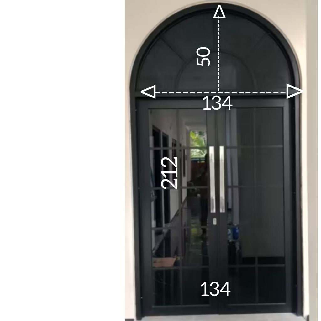 pintu aluminium 2 daun kusen 3inc warna hitam kaca 5mm riben + Lelung kaca mati bagian atas + Lis or