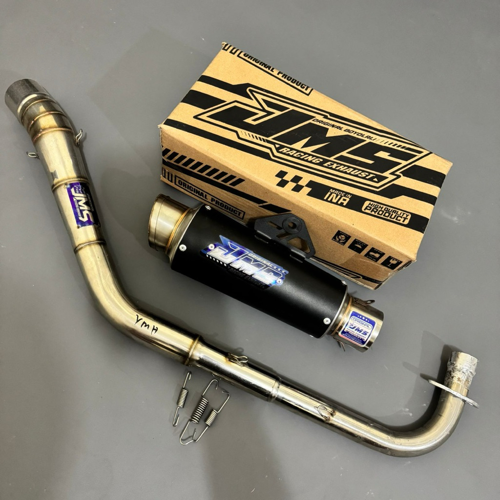 SATU SET KNALPOT JMS ORIGINAL GP PRO BLACK FOR ALL MOTOR BEBEK LEHER ROAD RACE LOGO BLUE FREE BOX PA