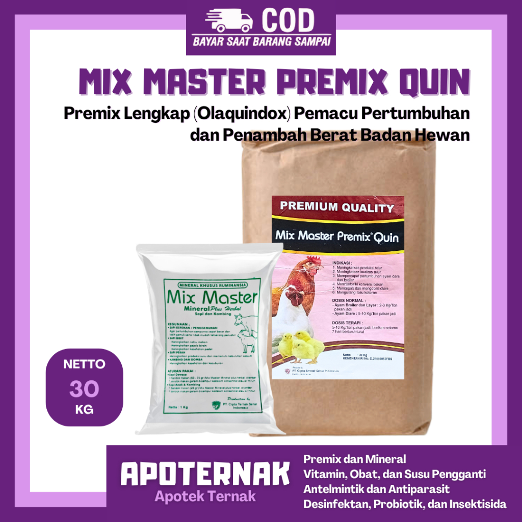 MIX MASTER PREMIX QUIN 1 SAK 30 KG - Olaquindox Agp Pemacu Pertumbuhan & Penambah Berat Badan Hewan 