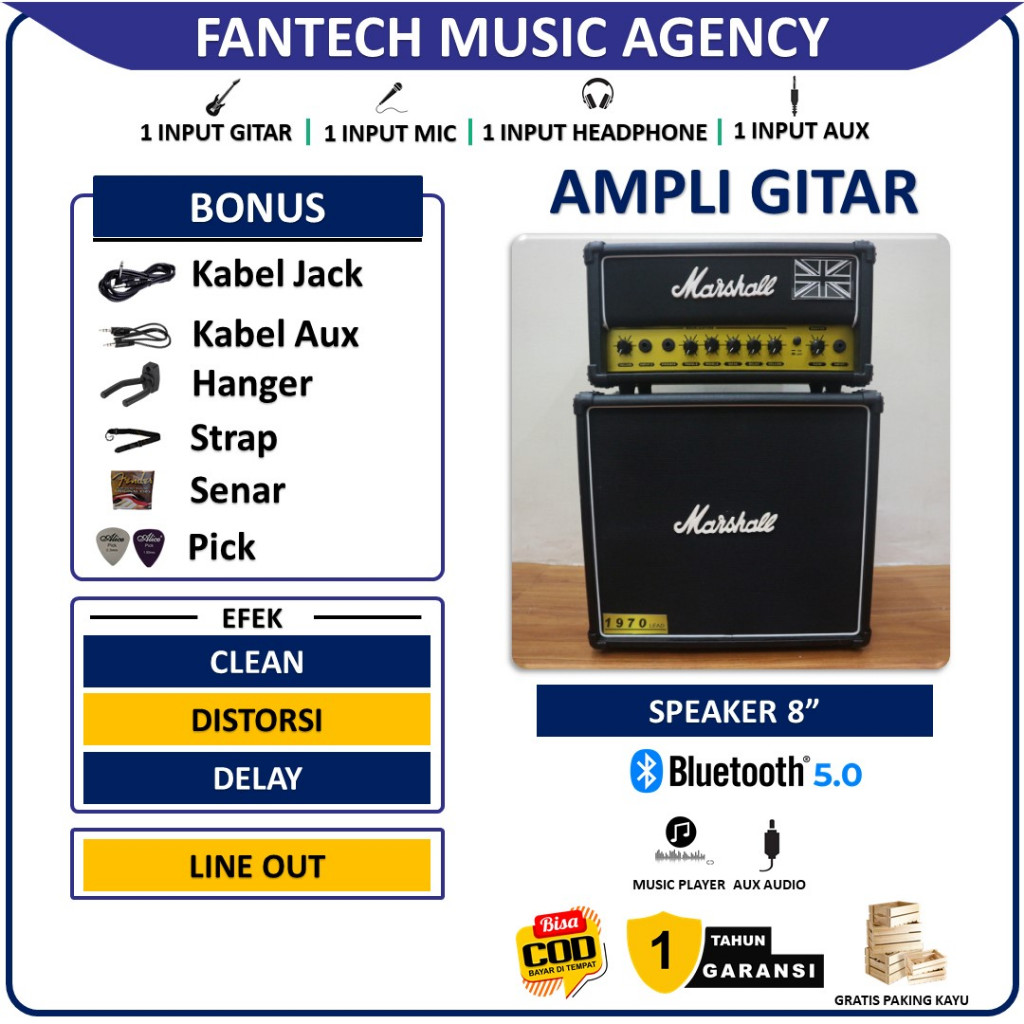 Ampli gitar & bass 8 inch head cabinet 3 input with bluetooth bisa untuk karaoke efek distorsi,rever