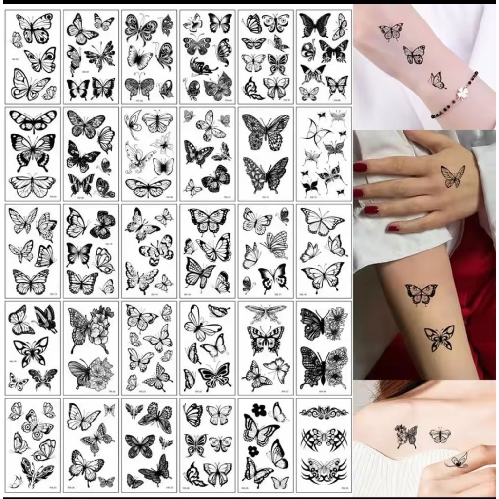10 Pcs Gambar Tato FDI Tato Temporer Tahan Anti Air Sementara Motif Kupu-Kupu Hitam Ukuran Kecil