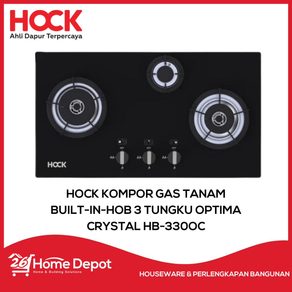 HOCK Kompor Gas Tanam Built-in-Hob 3 Tungku Hock Optima Crystal HB-330OC