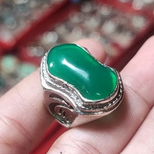 Cincin batu akik Hijau Bacin garut  model terompah ring alpaka super