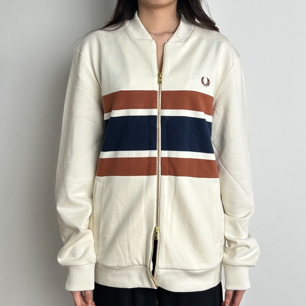 Jaket FP STRIPE CENTER BROWN NAVY IVORY WHITE ZIP TRACK JACKET 100% ORIGINAL