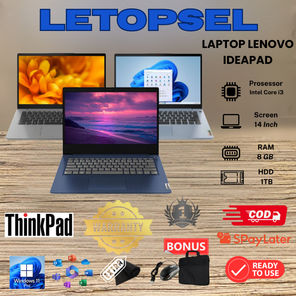 LENOVO IDEAPAD CORE I3 RAM 8GB - 512SSD/ BONUS TAS LAPTOP & MOUSE