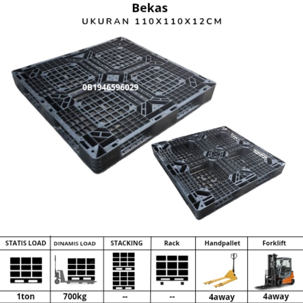 PALLET PLASTIK BEKAS UK 110X110X12CM PENYIMPANAN BARANG INDUSTRI GUDANG UNTUK PENGIRIMAN