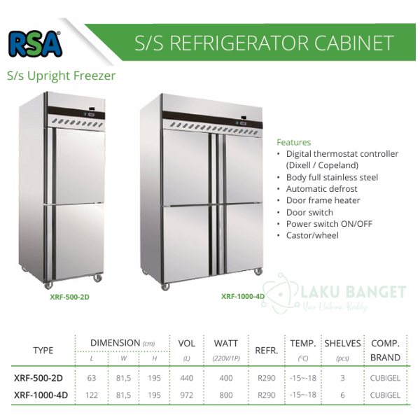 S/S Upright Freezer 2 Doors RSA XRF-500-2D / Freezer Stainless 4 Pintu RSA XRF 1000 4D Garansi Resmi