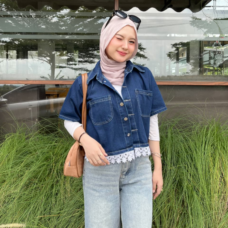 Pola Wear Selina Kemeja Crop Denim Wanita Lengan Pendek Crop Shirt Denim Wanita Korean Crop Casual