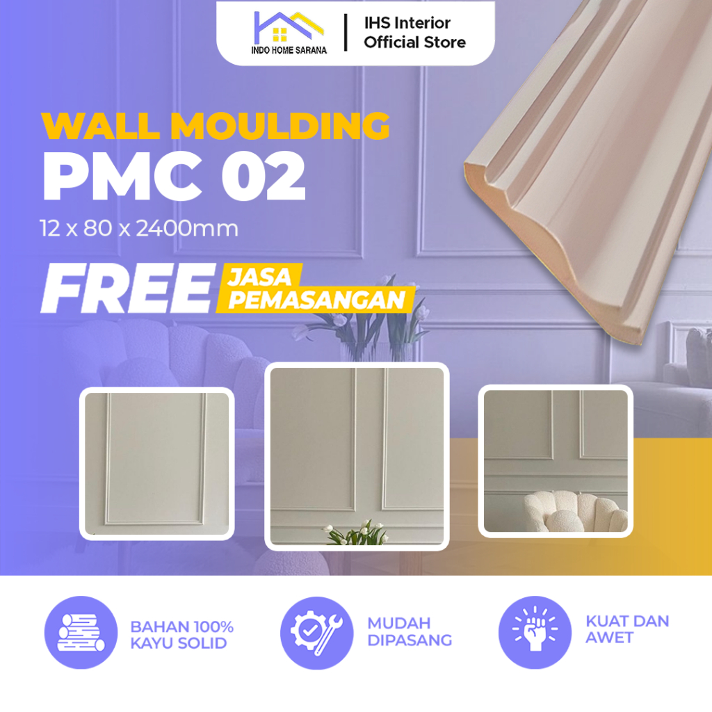 Jasa Pemasangan Wall Moulding Lis Kayu PMC 02 Ukuran 12x80x2400mm - List Profil Dekorasi Dinding