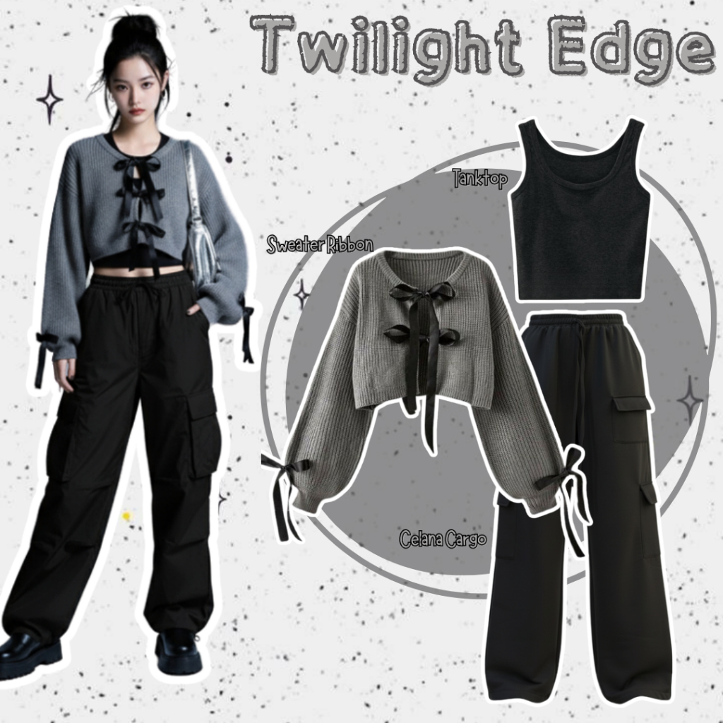 One Set Korean Style ( Tanktop + Sweater Rajut + Celana Cargo ) Style Y2K Outfit Wanita Kekinian