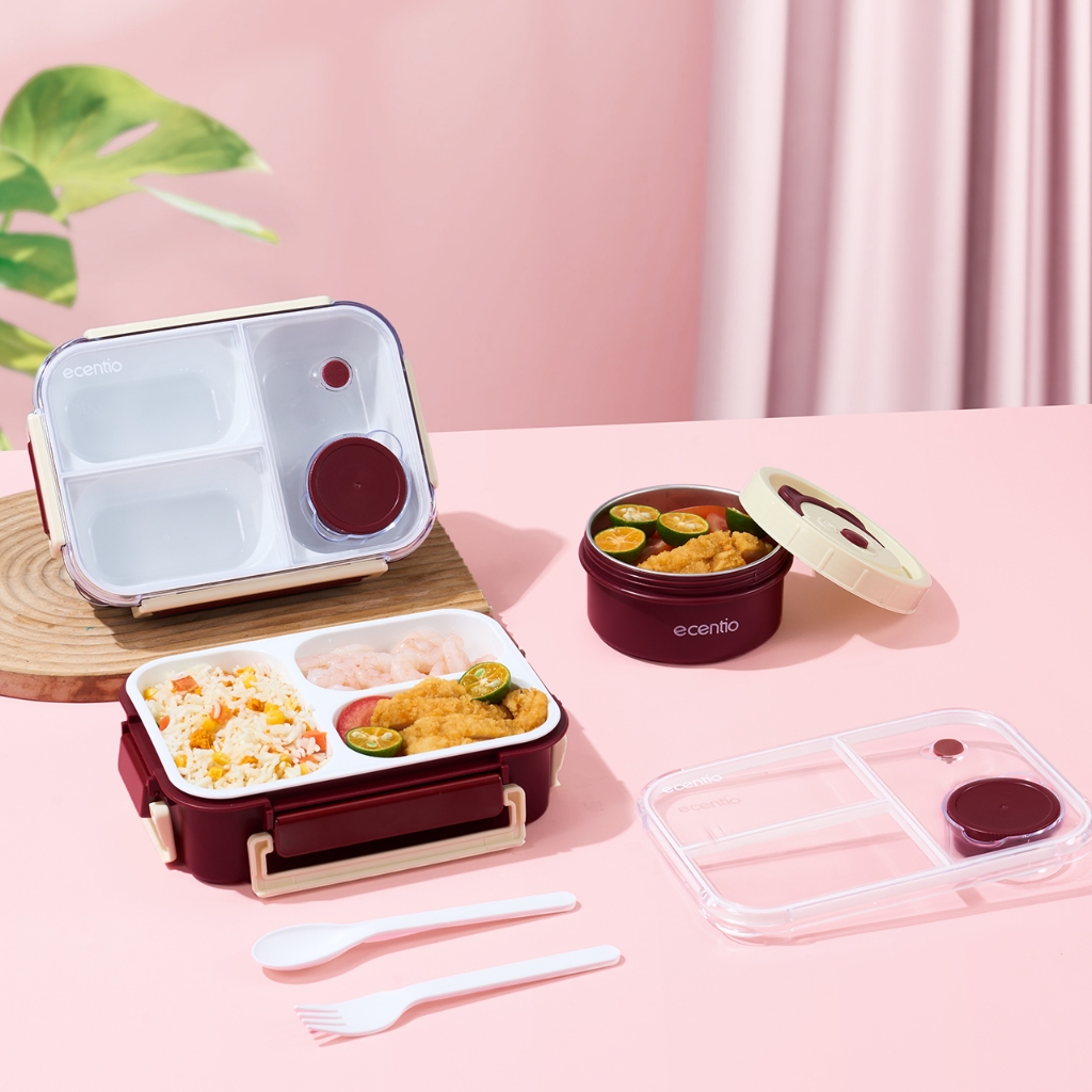 [live onely]  Ecentio Set Kotak Makan Bento & Mangkuk Stainless 304 | Lunch Box 3 Sekat + Kotak Bula