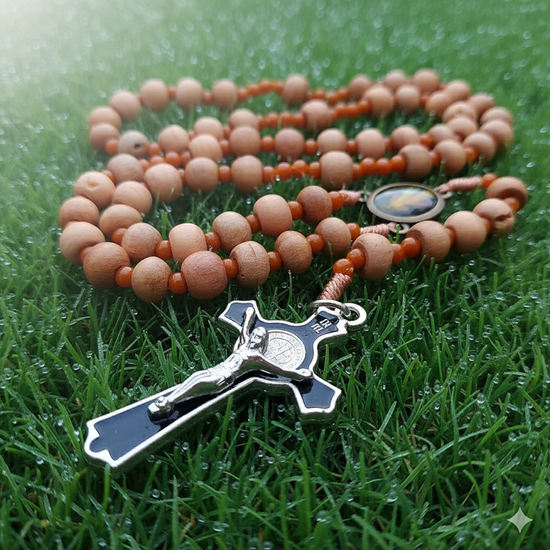 Kalung Rosario Cendana 77 Bapa Kami Kayu 8mm Katolik Aksesoris Souvenir Salib Pria Wanita Tali Murah