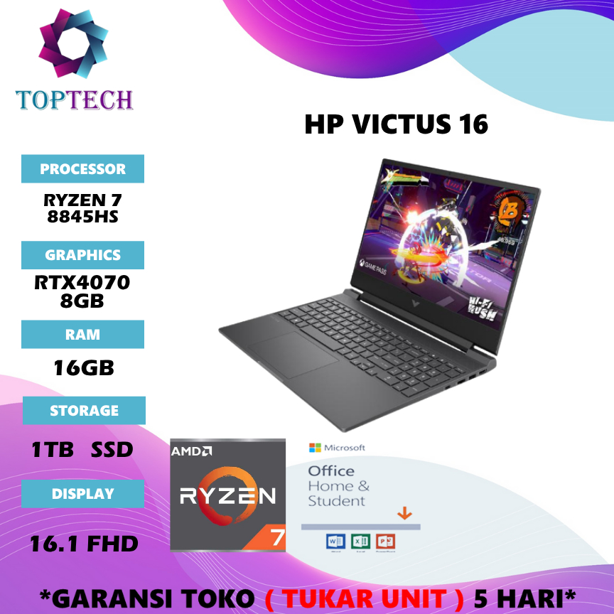 LAPTOP HP VICTUS 16 RYZEN 7 8845HS RTX4070 8GB/ RAM 16GB SSD 1TB W11+OHS 16.1FHD 165HZ -S1776AX
