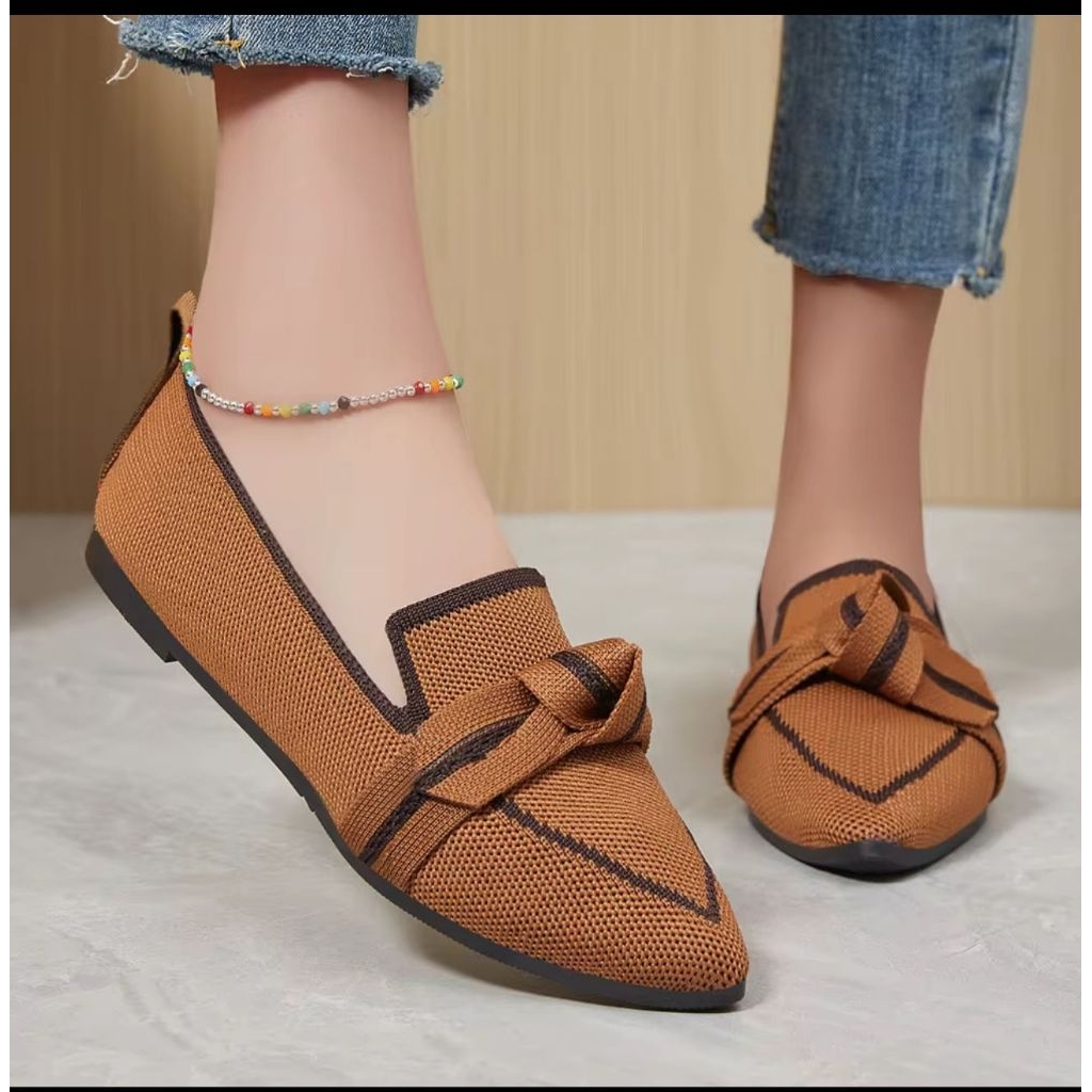Sepatu Flat Teplek Wanita Flatshoes Wanita Rajut Sepatu Flat Teplek Lancip Pita
