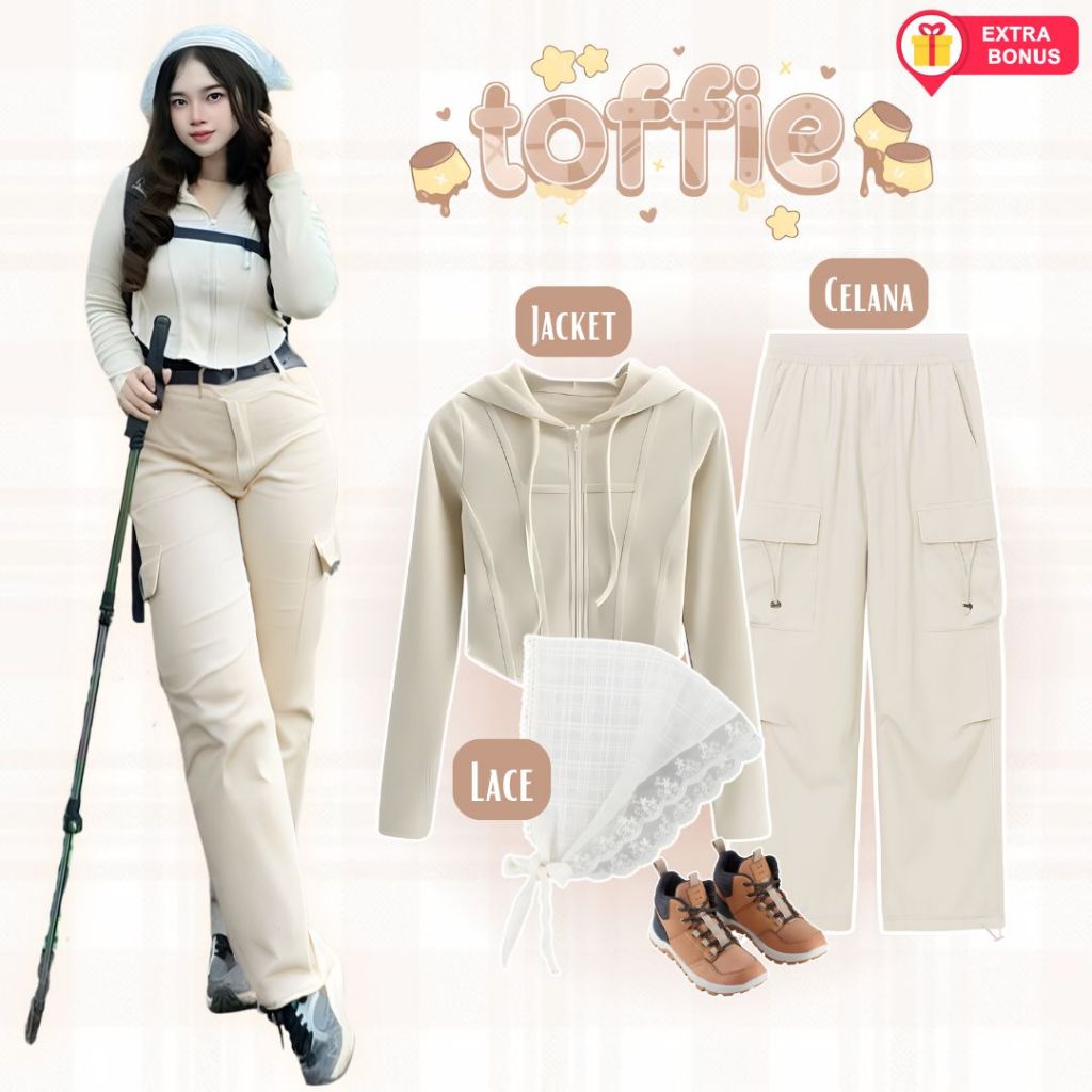 One set 3in1 jacket crop top celana cargo lace | ootd outfit oneset setelan wanita anak perempuan ce