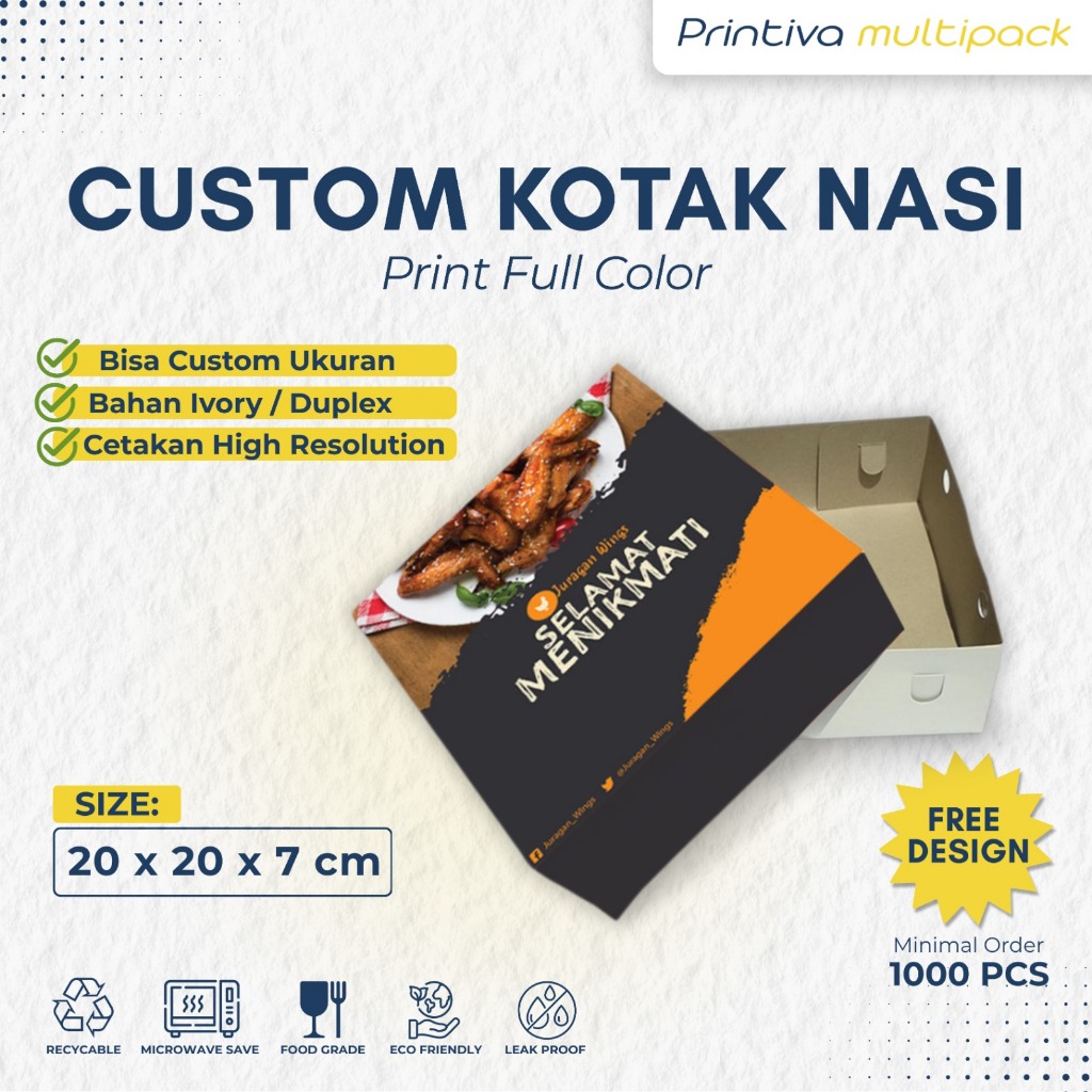 Cetak Custom Dus / Kotak Nasi uk. 20 x 20 x 7 cm (pisah) Full Color