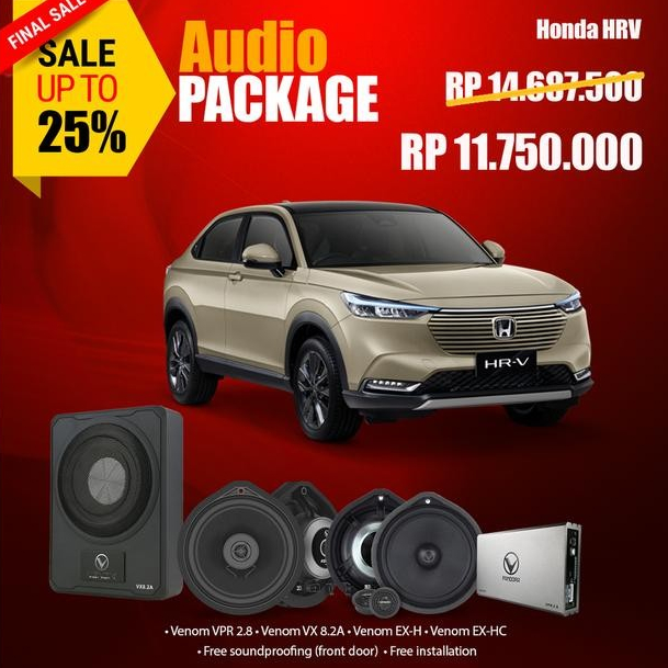 Paket Audio Mobil Full Venom  " SOUND QUALITY"  MOBIL HONDA HRV FREE CABLE/TUNING PRO/ PEREDAM / PAK