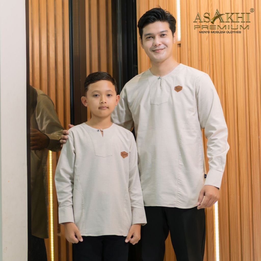 Asakhi - Kemeja Couple Ayah Anak Laki Baju Couple Lebaran Seragam Keluarga Warna KREM SAND Motif Aji