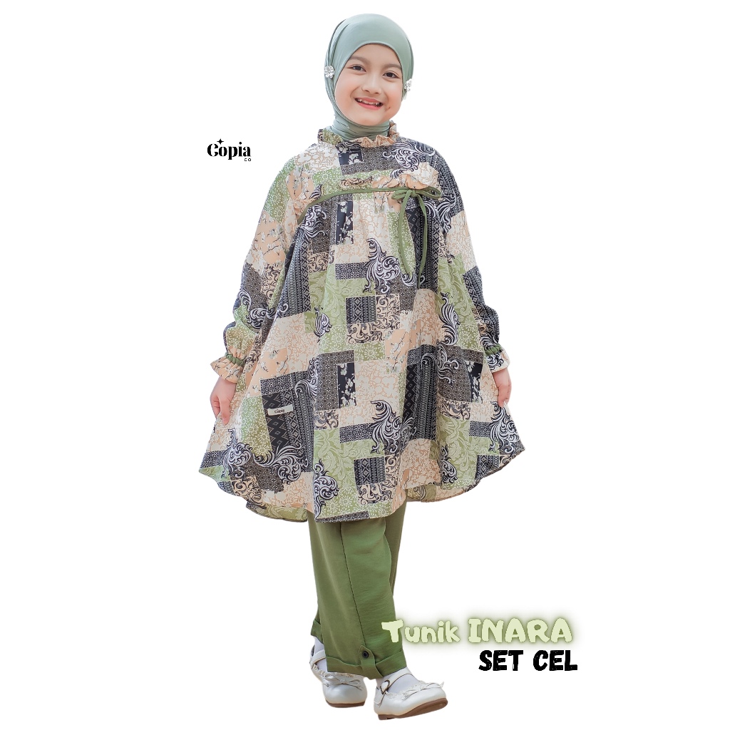 Copiaco - Inara Setelan Long Tunik Set Celana Anak perempuan Umur 3-12 Tahun Matcha