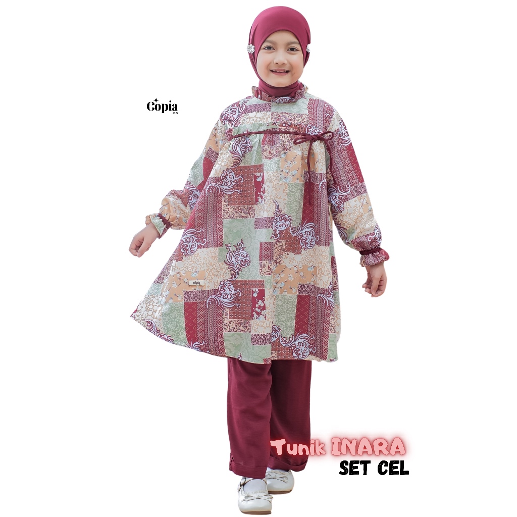 Copiaco - Inara Setelan Long Tunik Set Celana Anak perempuan Umur 3-12 Tahun Maron