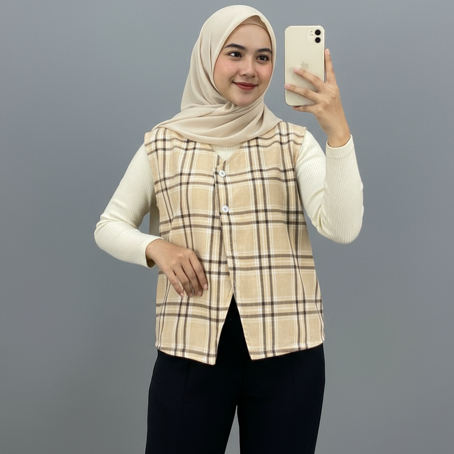 Nuna Vest Basic Wanita / Outer Kotak Kotak Vest Flanel Atasan Wanita Crop Nuna Vest Tanpa Inner