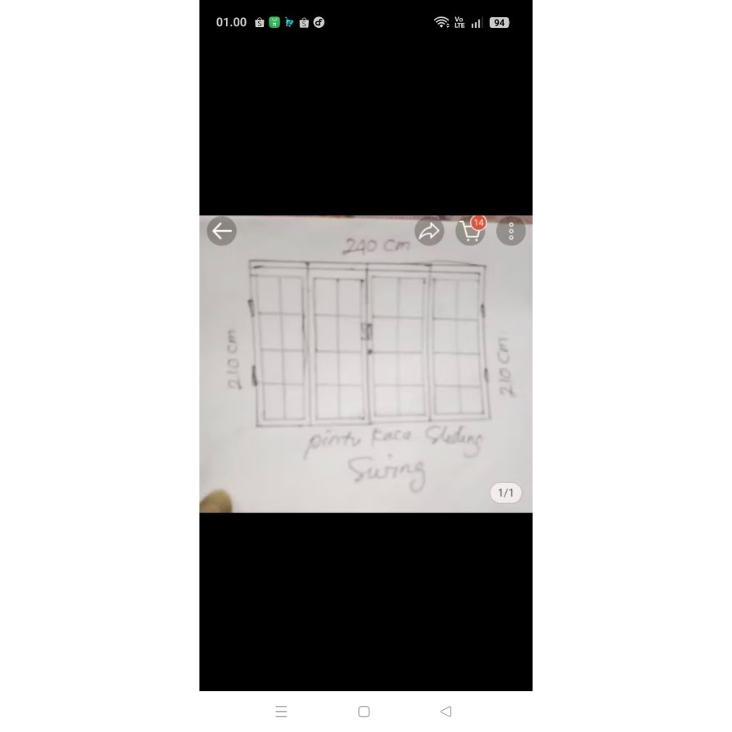 kusen pintu alumunium sleding dua pintu+kusen jendela hidup knan kiri ukuran L240xY210 free packing 