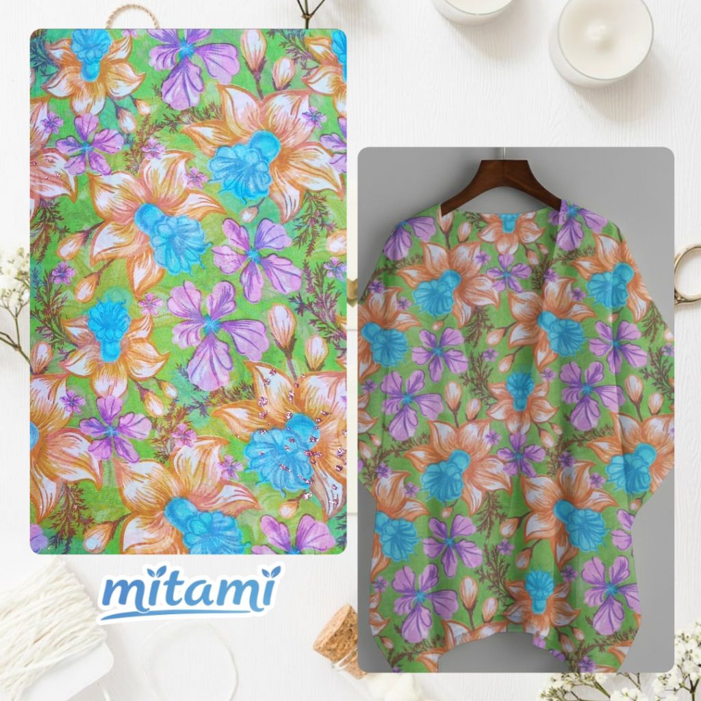 Kain Sifon Motif Bunga Warna Cerah Hijau Oranye Ungu Glitter (Harga Kain Per½ Meter)
