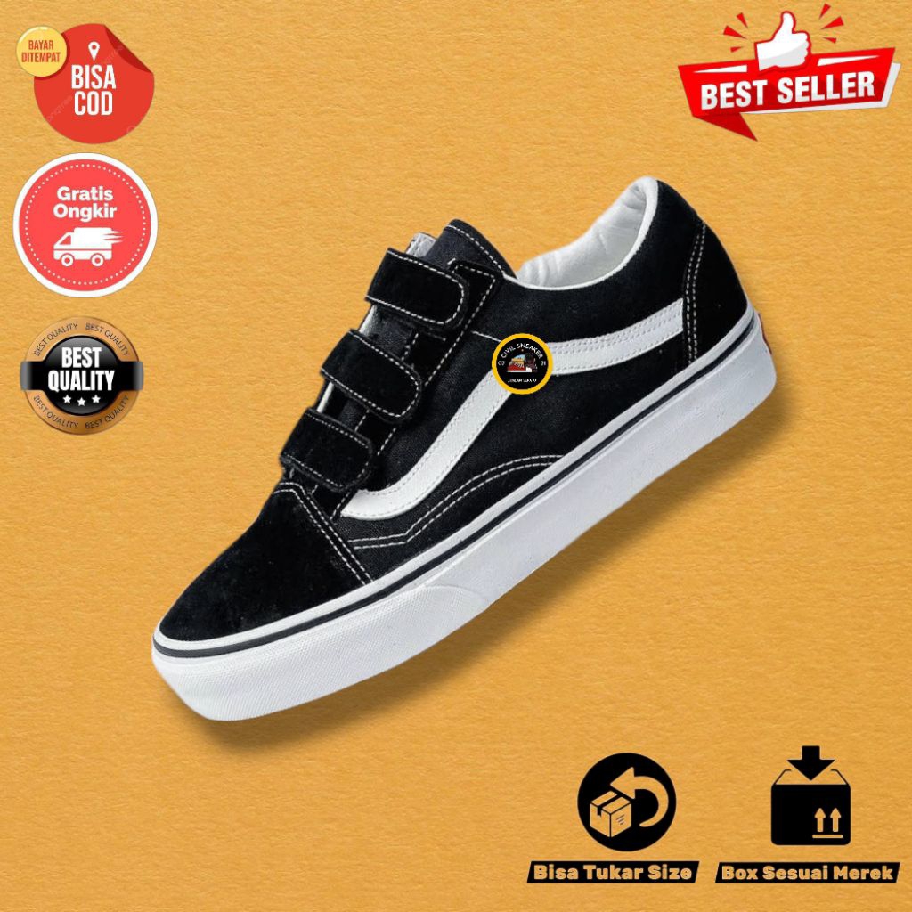 Sepatu Sneaker Kasual Tanpa Tali Sekolah Hitam Polos Putih Pria Wanita Oldskool Velcro Black White P