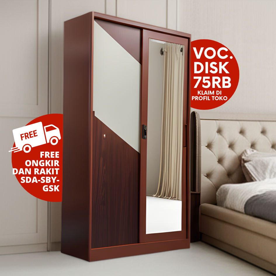 Lemari Pakaian Besi 2 Pintu Sliding 120 JUMBO, Lemari Baju Full Besi, Metal Wardrobe Sliding
