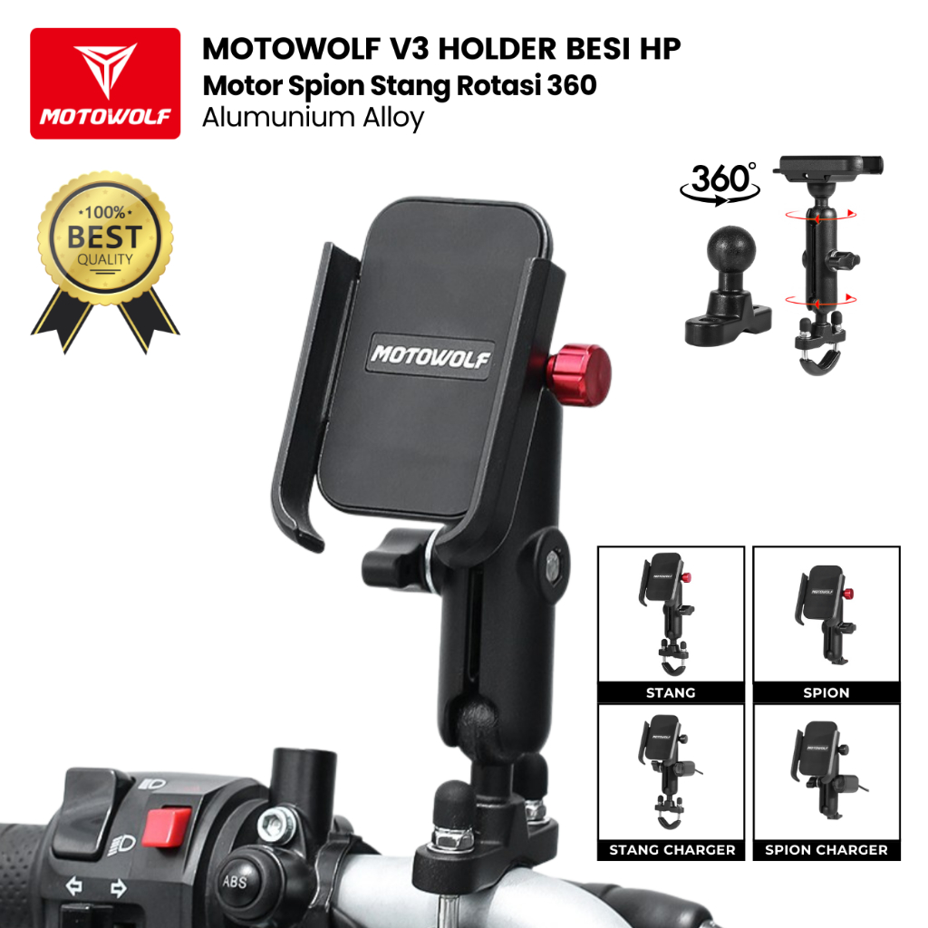 Motowolf V3 Holder Besi HP Motor Spion Stang Rotasi 360 Almunium Alloy