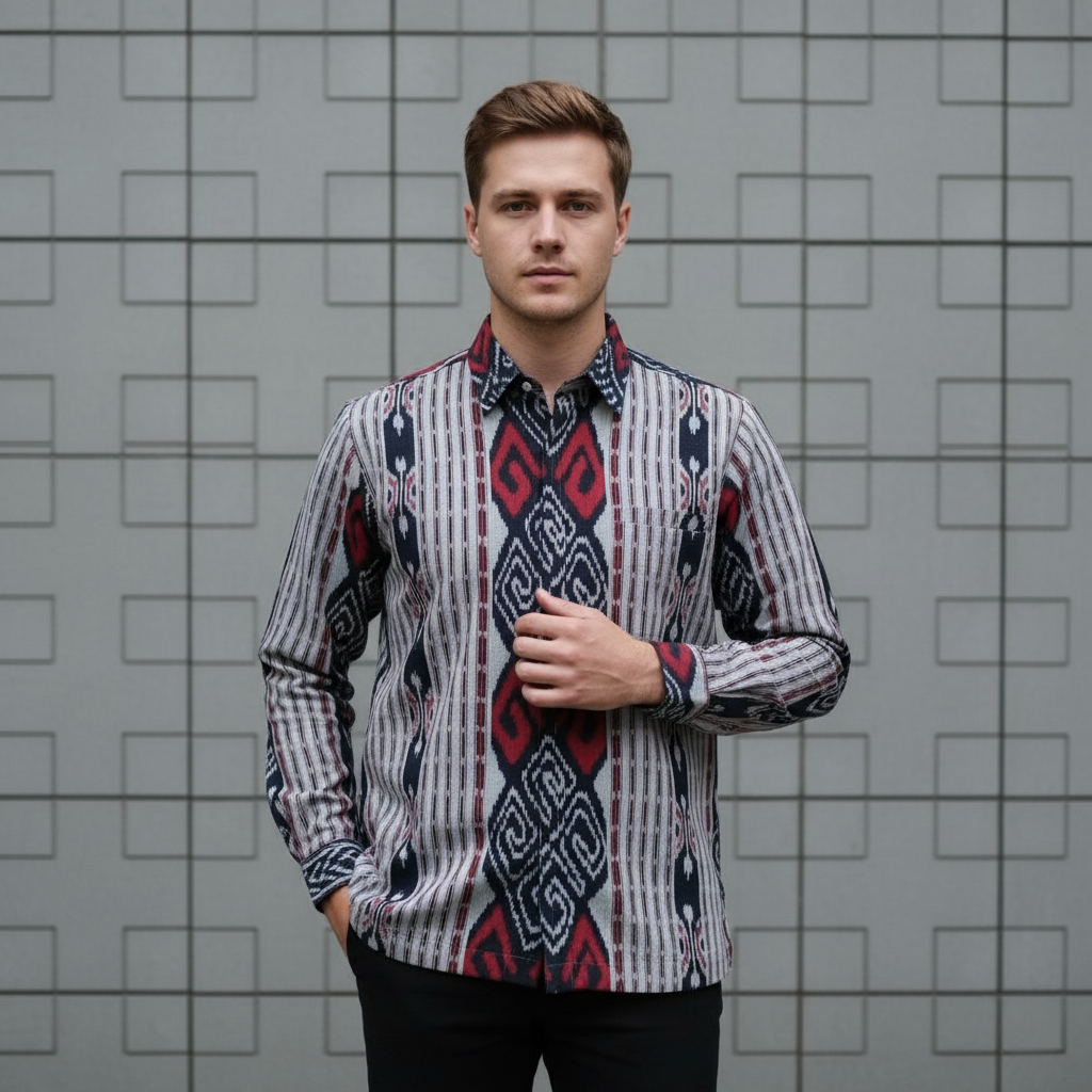 Kemeja Tenun Pria Lengan Panjang Baju Tenun Jepara