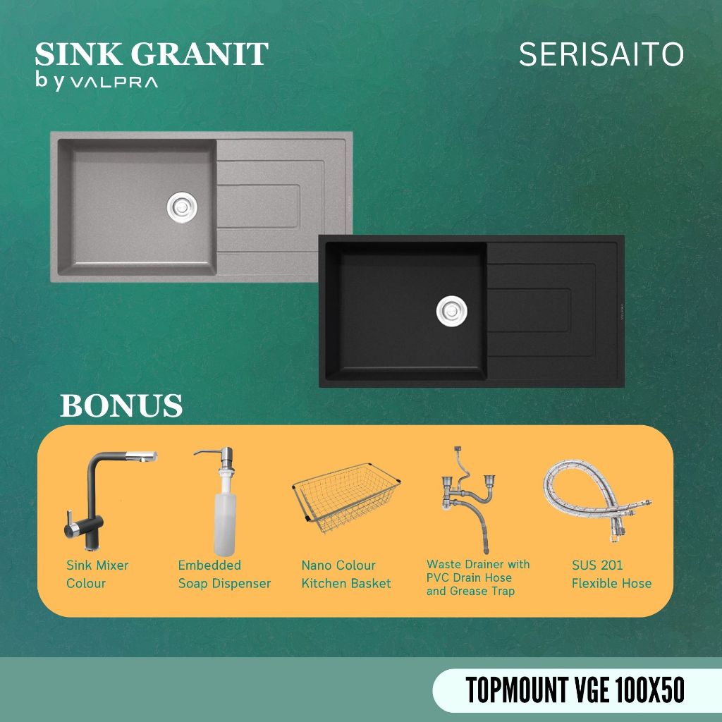 Kitchen Sink Granit Valpra 100x50 / Tempat Cuci Piring Hitam + Keran / Granite Composite Kitchen Sin