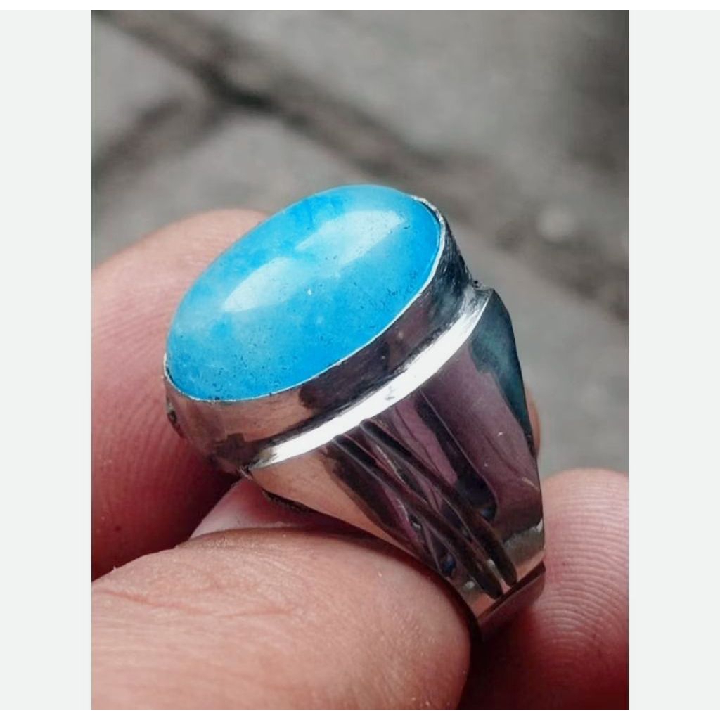 Cincin Batu Akik Giok Biru Aquamarine Mban Monel Tanam