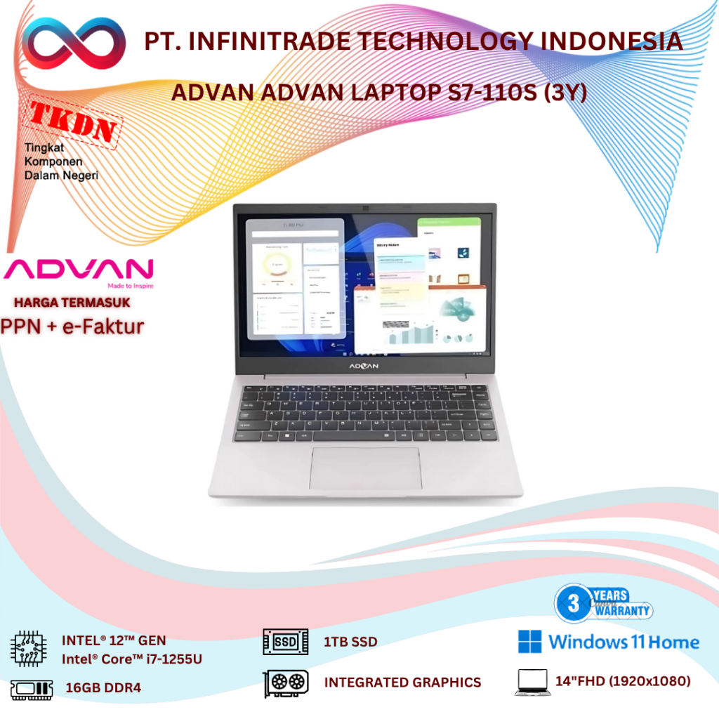 ADVAN LAPTOP S7-110S i7-1255U 16GB 1TB SSD INTEL WINDOWS 11 - 3 YEAR