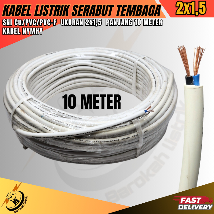 Kabel 2x1.5 NYMHY Putih Kabel Listrik Serabut Tembaga SNI 10 METER / Kabel Listrik Serabut Tembaga 2
