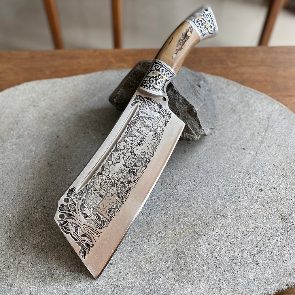 Pisau Cleaver Cacah Daging Tulang Aestetik Bohler K110 Ukiran Timbul
