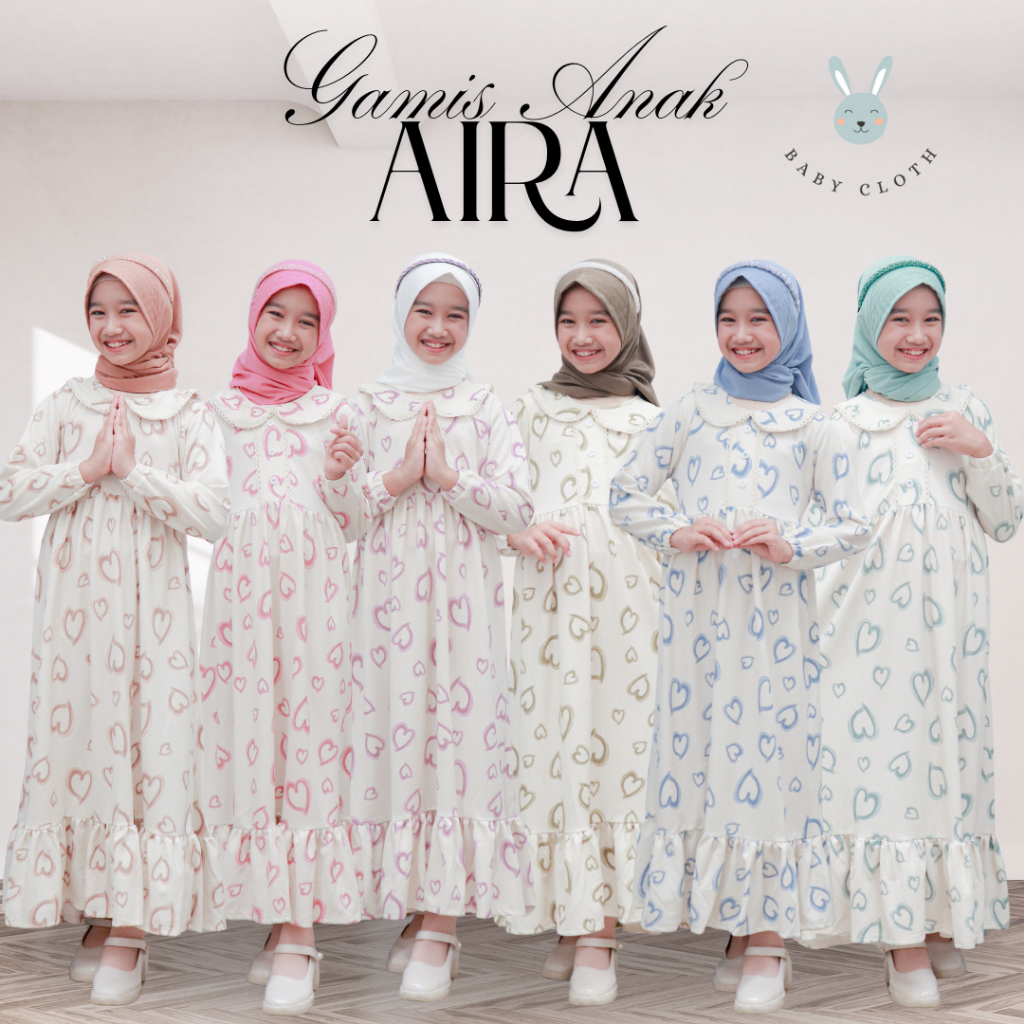 GAMIS + HIJAB ANAK  AIRA SMLXL BABY.CLOTH UNTUK UMUR 3-14 TAHUN baju gamis  muslim  panjang  cewek  